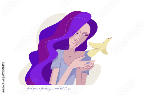 Dealing with a feeling, young woman holding a bird as a metaphor of a feeling and takes care of it, emotions concept, let it go.