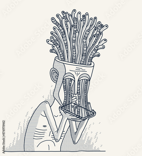 Mobile phone internet addiction, vector illustration of addicted man holding a phone with worms growing from it, brain damaging and degradation.