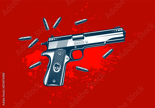Detailed shotgun and blood splatter vector illustration of a detective criminal story, beautiful gun drawing, movie poster or book cover.