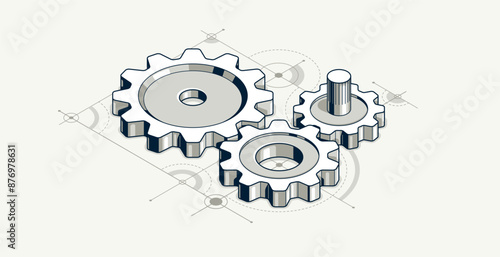 Engineer education concept, gears and cogs composition isometric 3D vector illustration, study science in university, engineering learning.