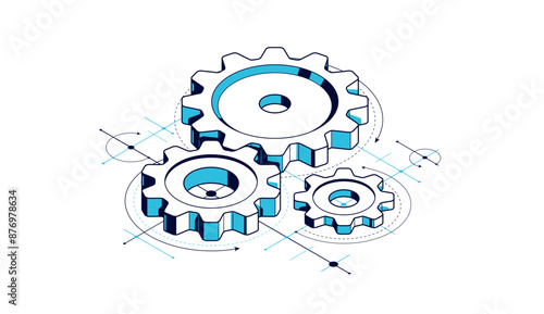 Engineer education concept, gears and cogs composition isometric 3D vector illustration, study science in university, engineering learning.