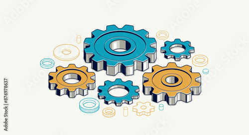 Mechanical engineering concept, gears and cogs composition isometric 3D vector illustration, cogwheels system technology and technics machinery engine.