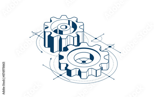 Invention renovation and development concept, gears and cogs with cad engineering drawing isometric 3D vector illustration, technology theme, machinery and engine creation.