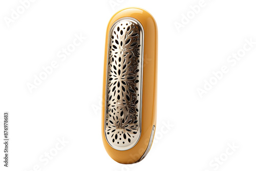 A Golden Pocket-Sized Perfume Diffuser With Intricate Floral Pattern on a White or Clear Surface PNG Transparent Background. photo