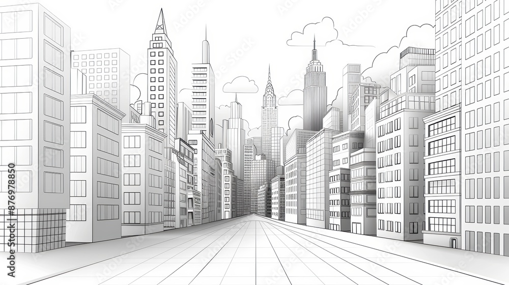 An urban landscape rendered in black and white, with crisp lines and clean outlines that emphasize the city's bustling streets and skyline. Ideal for a coloring book to showcase architectural details. An urban landscape rendered in black and white, with crisp lines and clean outlines that emphasize the city's bustling streets and skyline. Ideal for a coloring book to showcase architectural details.