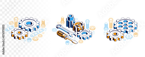 Mechanical engineering concept set, gears and cogs composition isometric 3D vector illustration, cogwheels system technology and technics machinery engine.