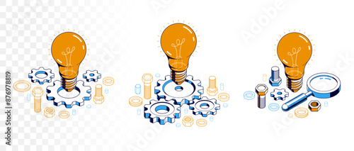 Engineering idea concept set, innovation, invention and solution concept, light bulb vector 3D isometric illustration, mechanical engine works.