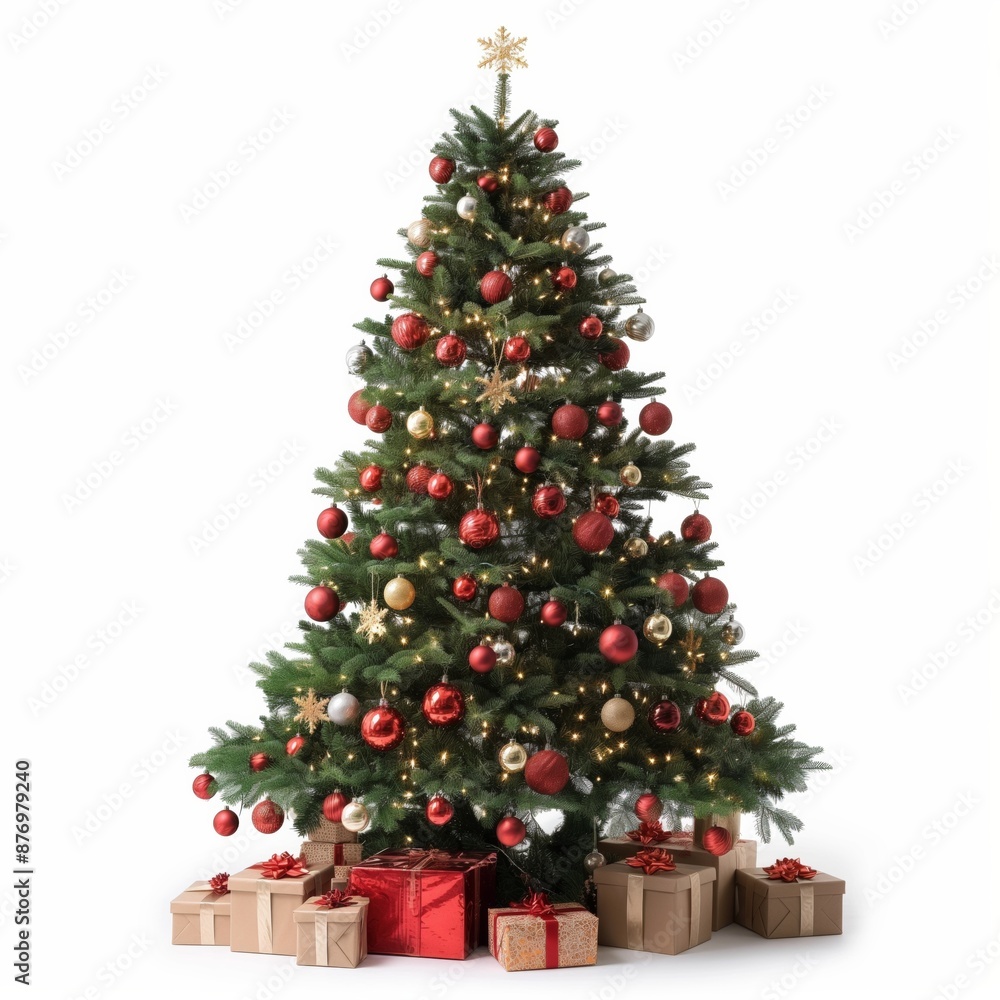 A large Christmas tree with many ornaments and a star on top. The tree is surrounded by boxes, which may contain gifts. The scene conveys a festive and joyful mood, as it is the holiday season A large Christmas tree with many ornaments and a star on top. The tree is surrounded by boxes, which may contain gifts. The scene conveys a festive and joyful mood, as it is the holiday season