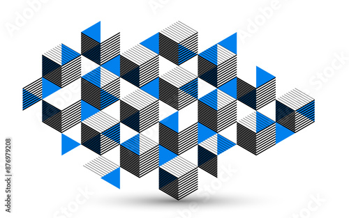 Abstract vector wallpaper with 3D isometric cubes blocks, geometric construction with blocks shapes and forms, op art low poly theme.