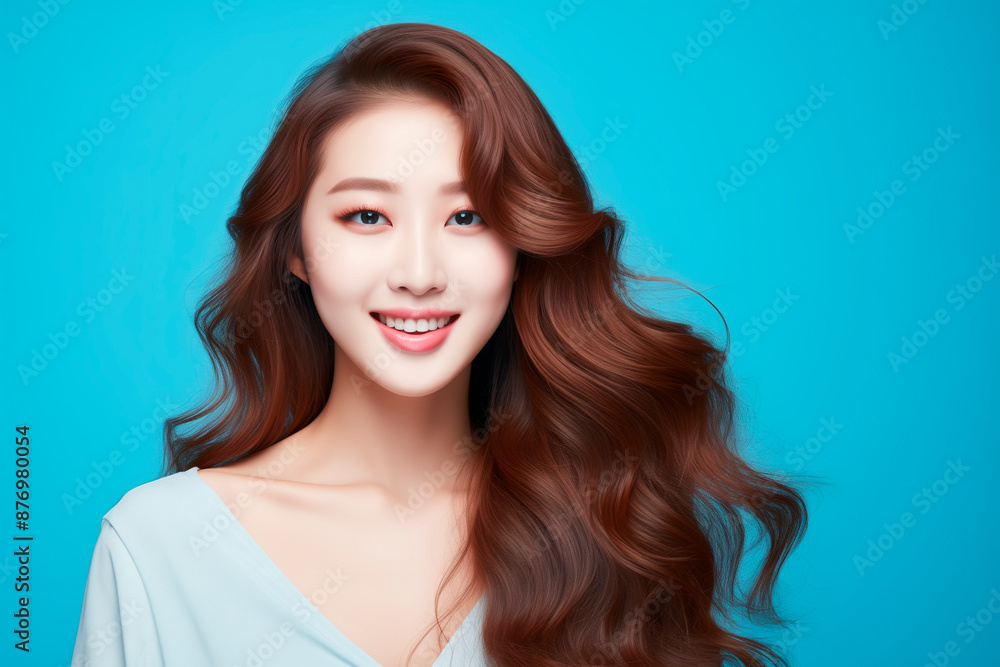 Pretty Asian beauty woman curly long hair with Korean makeup glowing face and healthy facial skin portrait smile on isolated blue background