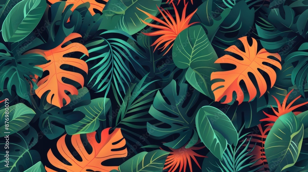 Seamless pattern with tropical leaves dark tones with colored accents Seamless pattern with tropical leaves dark tones with colored accents