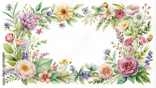 Delicate, whimsical, AI-generated watercolor frame encases a lush arrangement of blooming flowers and fragrant herbs in soft, dreamy hues. © Caitlin