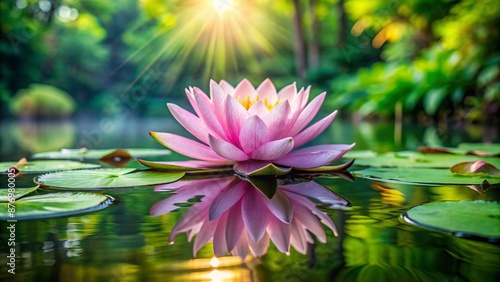 Serenely majestic pink lotus flower blooms amidst rippling water reflections, surrounded by lush greenery, evoking peacefulness and natural beauty.