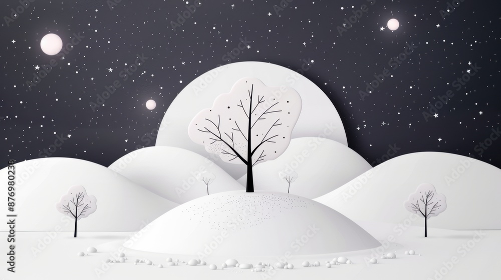Naklejka premium An expansive snowy plain under a starry night sky, outlined with clean lines and crisp details, designed for a soothing and therapeutic coloring experience.