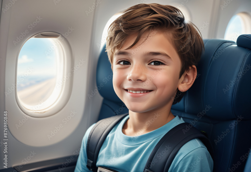 The boy was sitting in the cabin of the airplane The boy was sitting in the cabin of the airplane