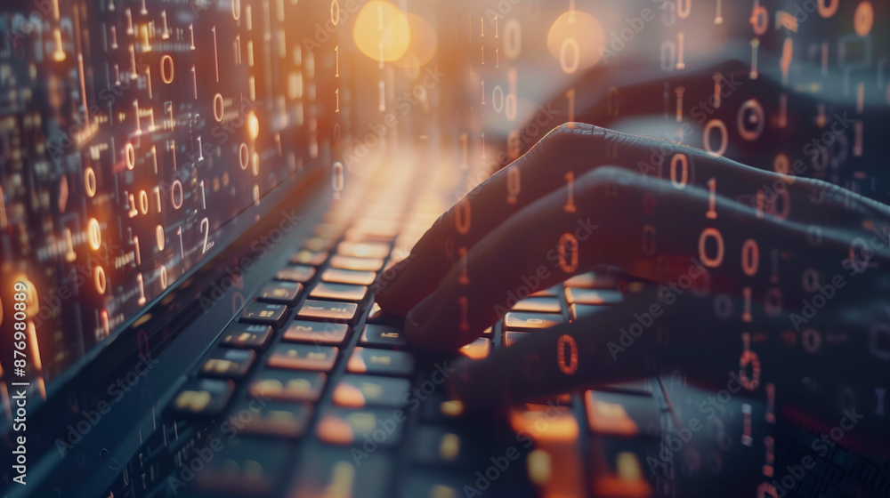 custom made wallpaper toronto digitalHands Typing on Keyboard with Binary Code Overlay: Conceptual Image Representing Cybersecurity, Data Protection, and Digital Information with Futuristic Elements