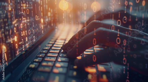 Wallpaper Mural Hands Typing on Keyboard with Binary Code Overlay: Conceptual Image Representing Cybersecurity, Data Protection, and Digital Information with Futuristic Elements Torontodigital.ca