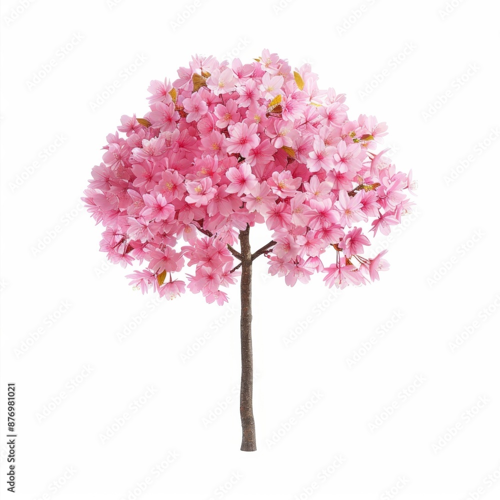 Fototapeta premium Vibrant Cherry Blossoms: Photorealistic Nature Scenery in Pink Hues Under the Sun, Isolated on White Background