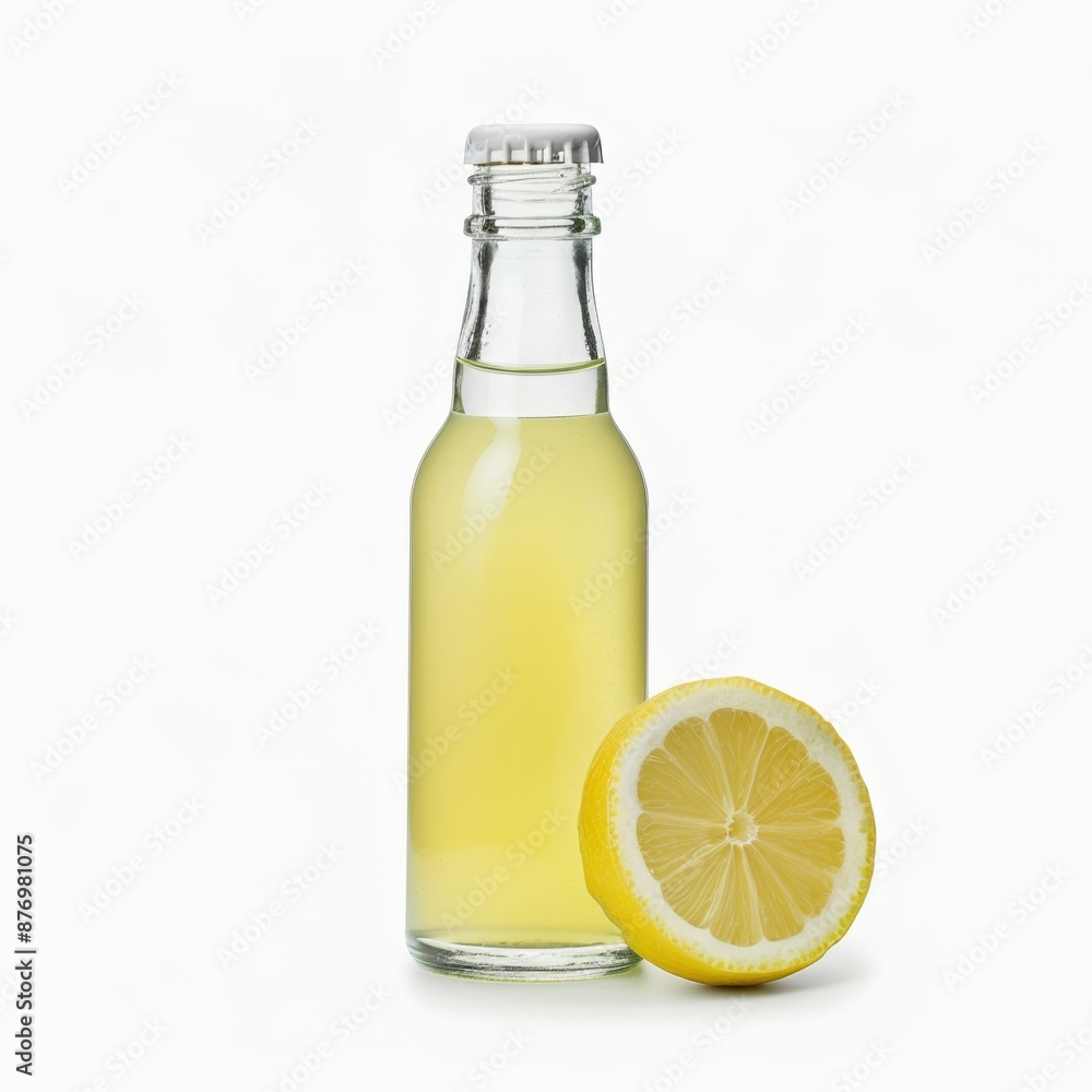 Refreshing Lemonade in Clear Glass Bottle - Minimalist Beverage Element in Yellow on White Background Refreshing Lemonade in Clear Glass Bottle - Minimalist Beverage Element in Yellow on White Background