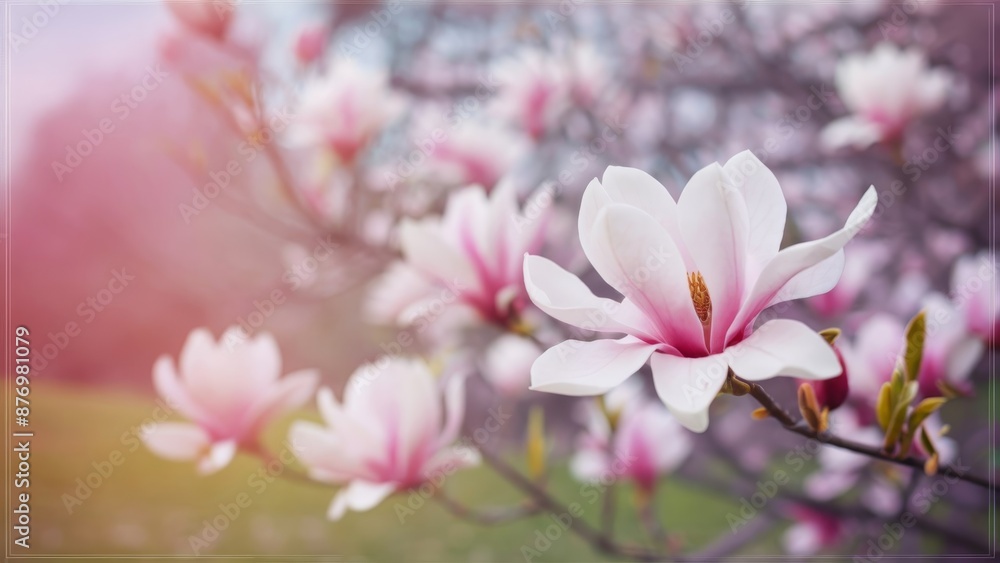 Spring Floral nature background with lovely magnolia blossom , frame, springtime nature, pastel color, soft focus Spring Floral nature background with lovely magnolia blossom , frame, springtime nature, pastel color, soft focus