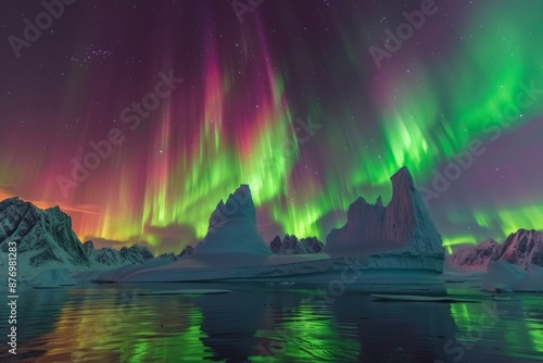 The bright colors of the aurora borealis in Scoresby Sound of East Greenland photo