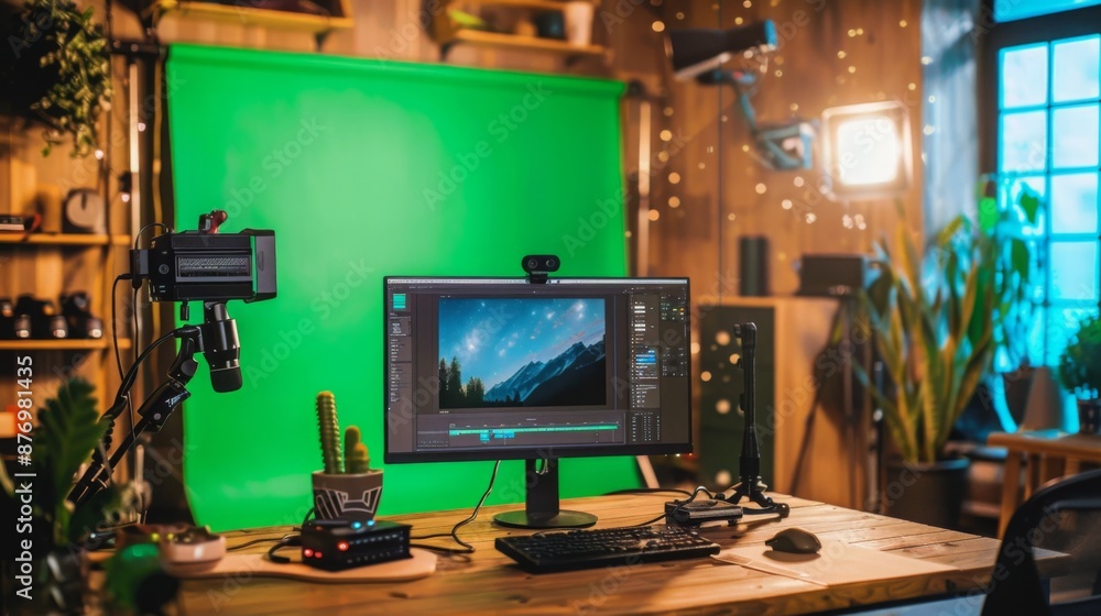 A wooden desk with a computer and a green screen behind it. There are various recording equipment set up. A wooden desk with a computer and a green screen behind it. There are various recording equipment set up.