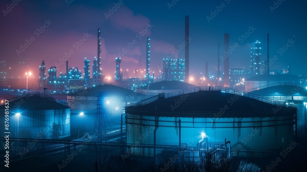 Fototapeta premium Refinery Complex With Illuminated Emission Towers And Large Storage Units Under Foggy Night Conditions For Energy-Themed Projects