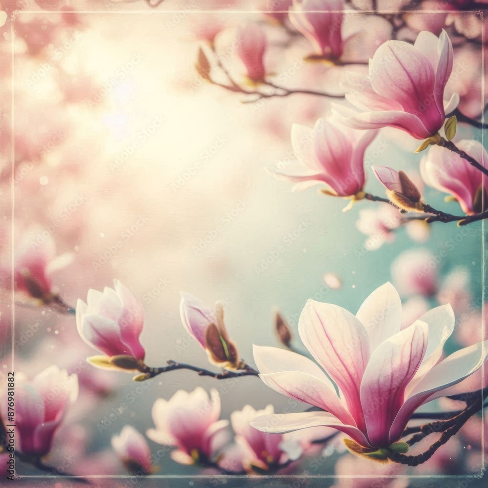Spring Floral nature background with lovely magnolia blossom , frame, springtime nature, pastel color, soft focus Spring Floral nature background with lovely magnolia blossom , frame, springtime nature, pastel color, soft focus