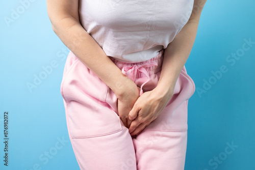 Cystitis, gynecological diseases, woman holding crotch, urinary infection, stomachache symptom, genital pain photo