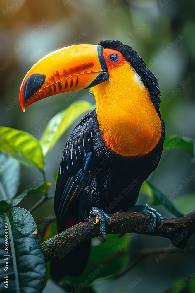 Fototapeta premium In the lush rainforest, a toucan with its distinctive beak perches on a branch amidst colorful wildlife.