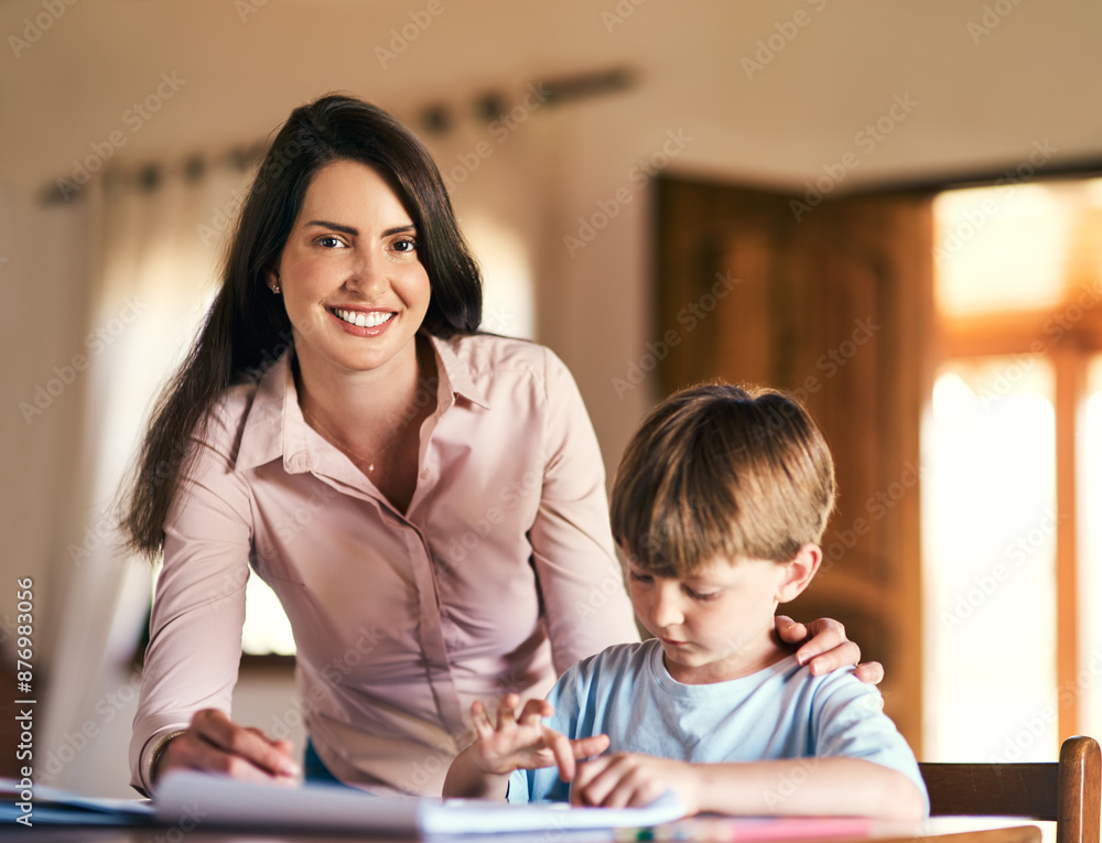 Mother, boy and helping with portrait for education, support and care for preschool, learning and growth. Woman, son and home with homework at desk for language, math and skills in child development Mother, boy and helping with portrait for education, support and care for preschool, learning and growth. Woman, son and home with homework at desk for language, math and skills in child development