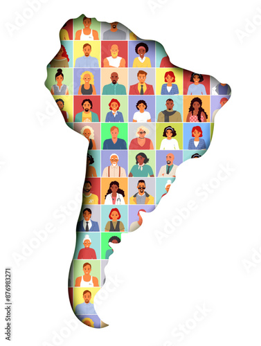 Countries of latin america map with people diversity pattern vector illustration. South-american citizens national difference over continent shape map background