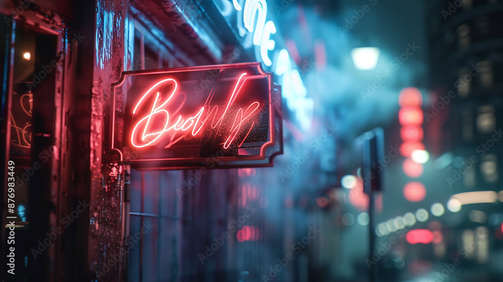 Fototapeta premium The ethereal glow of neon signs amidst the darkness and smoke of the city night.