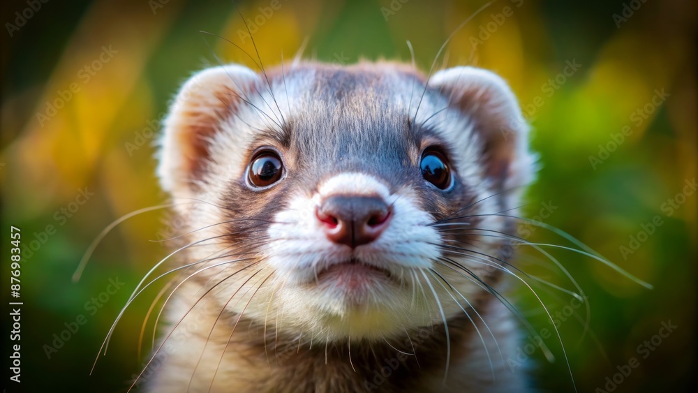 Adorable curious ferret's whiskered face tilted upwards showcasing its piercing brown eyes and soft white fur in natural habitat. Adorable curious ferret's whiskered face tilted upwards showcasing its piercing brown eyes and soft white fur in natural habitat.