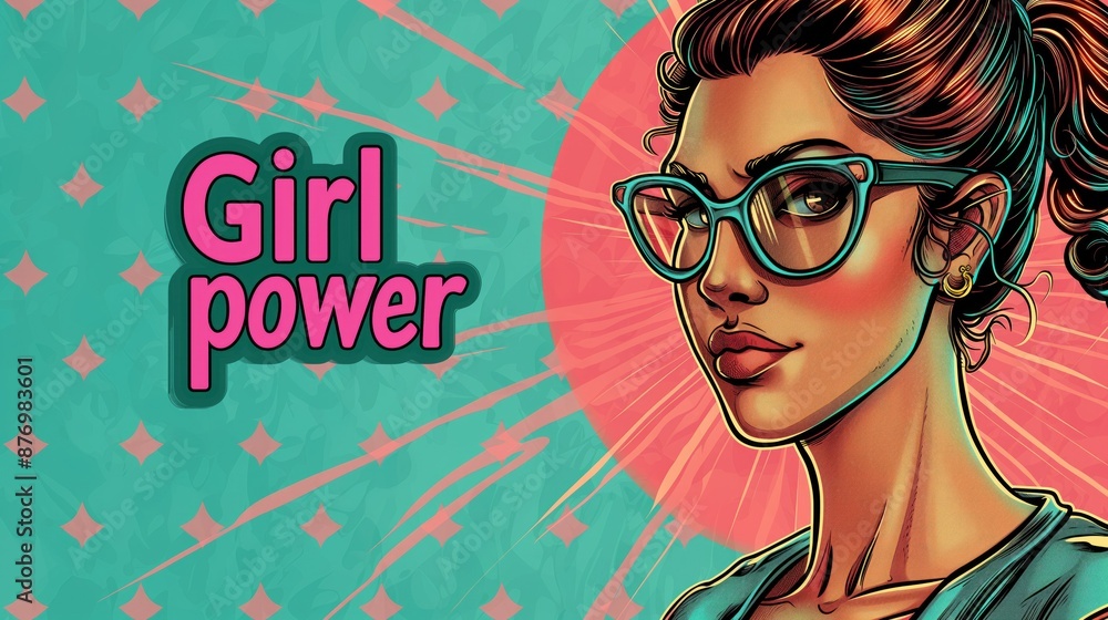 Obraz premium Illustration of a portrait of a young beautiful woman wearing glasses in bright colors with the words “Girl power” on a combination background. The concept of girl power and feminism. 