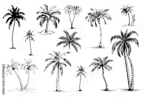 Hand drawn coconut palm tree illustrations on a white background, capturing intricate details of these iconic trees