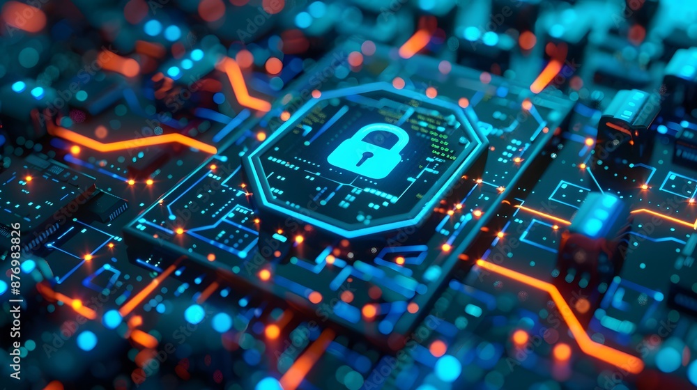 Close-up of a futuristic digital circuit board with a glowing padlock symbol, representing cybersecurity and data protection. Close-up of a futuristic digital circuit board with a glowing padlock symbol, representing cybersecurity and data protection.
