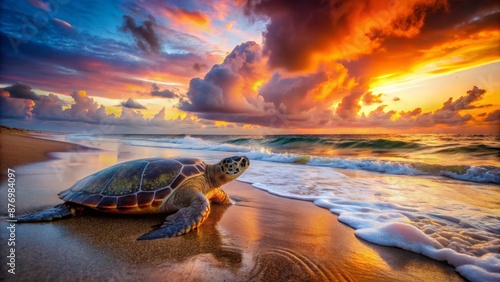 Magnificent sea turtle emerges from ocean waves, solitary figure on deserted beach, silhouetted against vibrant orange and pink sunset sky. photo