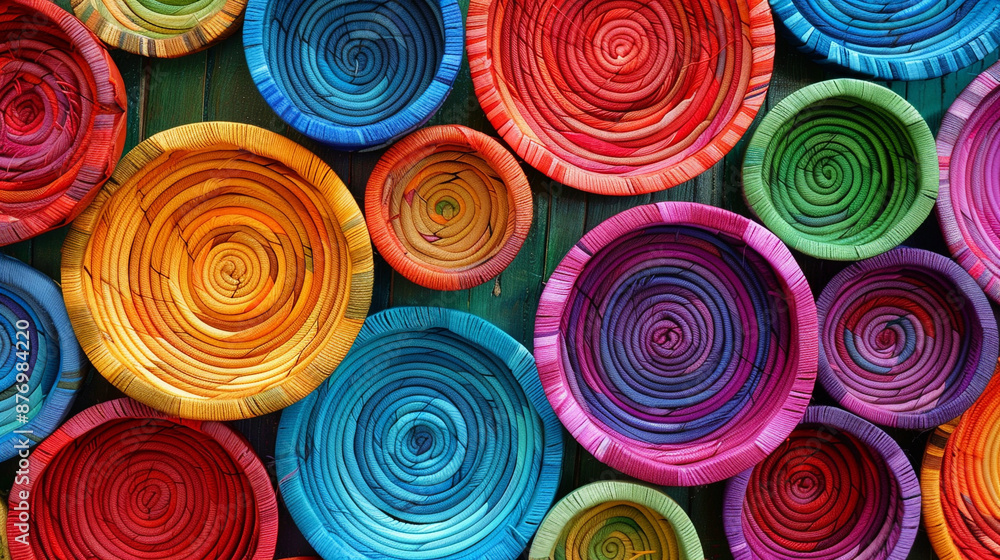 A paper plate weaving project, with colorful yarn woven through the holes, creating a pattern. A paper plate weaving project, with colorful yarn woven through the holes, creating a pattern.