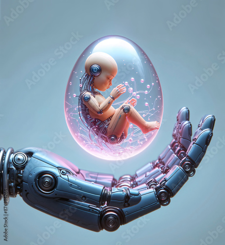 robot hand holding embryo in the transparent egg