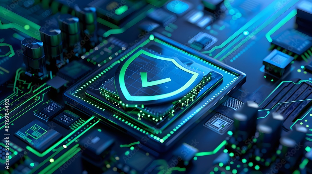 Close-up view of a computer motherboard with a security shield icon, representing cybersecurity and digital protection. Close-up view of a computer motherboard with a security shield icon, representing cybersecurity and digital protection.