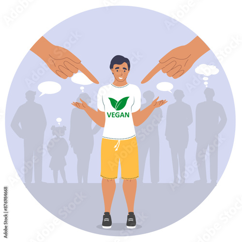 Vegan social pressure and discrimination vector illustration. Society bullying and shaming young man victim with pointing hands due to non acceptance