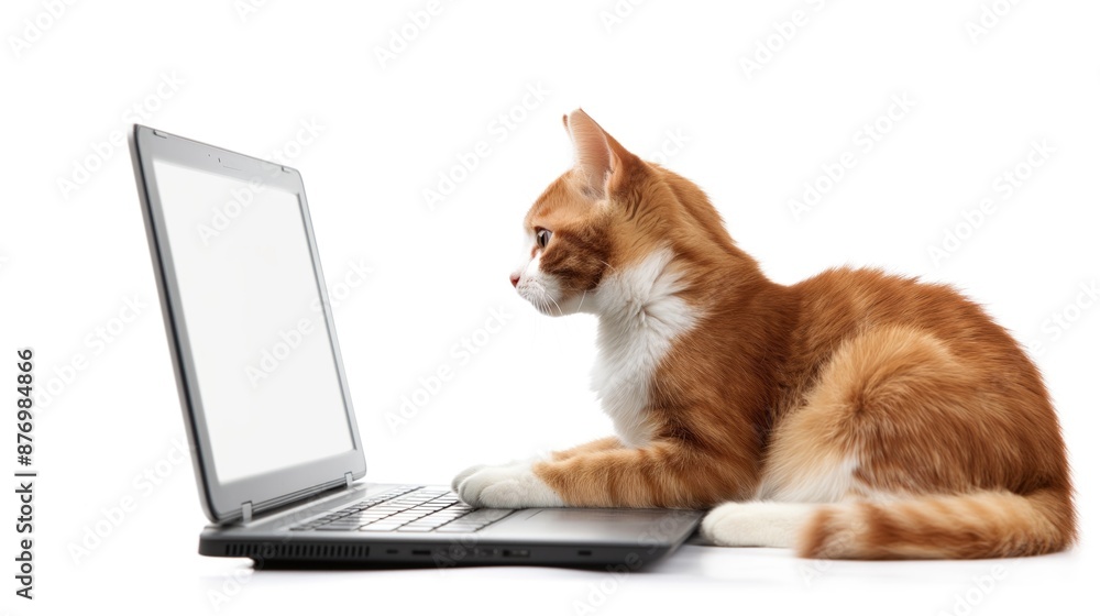 Mockup image of a red cat using laptop with blank white desktop screen on a white background. Mockup image of a red cat using laptop with blank white desktop screen on a white background.