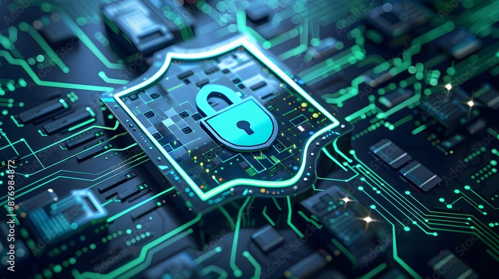 Digital cybersecurity concept with a glowing lock and shield symbol on a circuit board, representing data protection and security. Digital cybersecurity concept with a glowing lock and shield symbol on a circuit board, representing data protection and security.