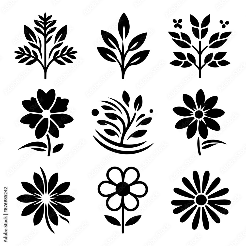 A set of flower designs with a variety of shapes and sizes A set of flower designs with a variety of shapes and sizes