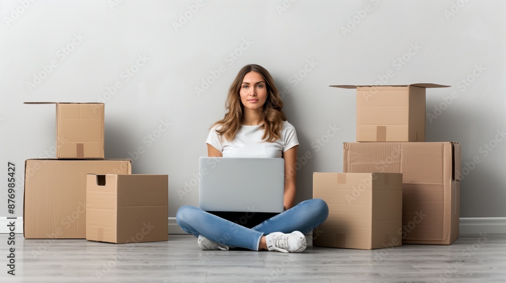 Young woman sitting on the floor with a laptop, surrounded by cardboard boxes. Concept of moving, relocation, and working from home. Young woman sitting on the floor with a laptop, surrounded by cardboard boxes. Concept of moving, relocation, and working from home.