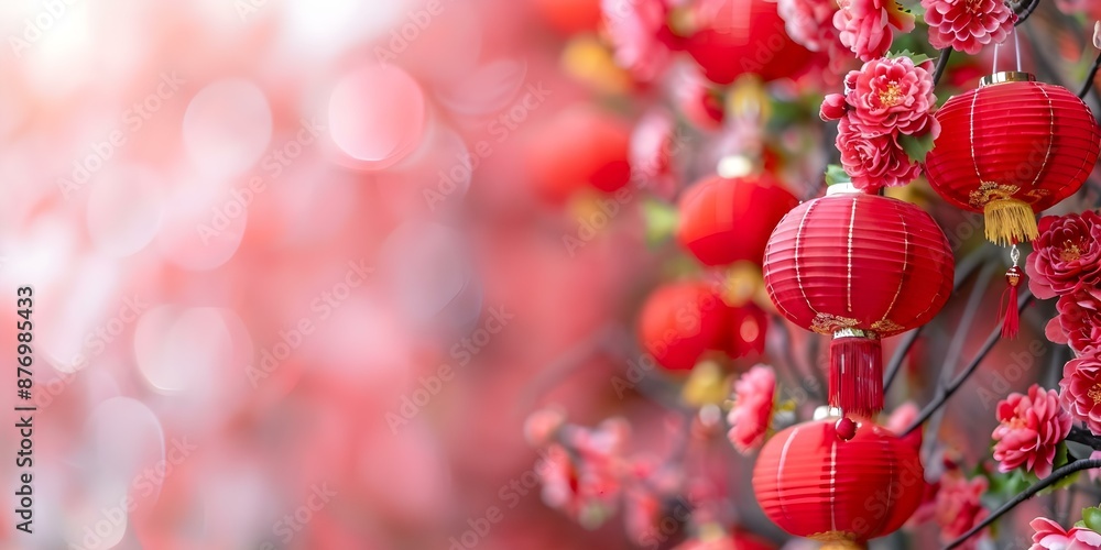 Obraz premium Celebrating Chinese New Year with Dragon Lanterns and Colorful Flowers. Concept Chinese New Year Celebrations, Dragon Lanterns, Colorful Flowers, Festive Decorations, Traditional Festivities