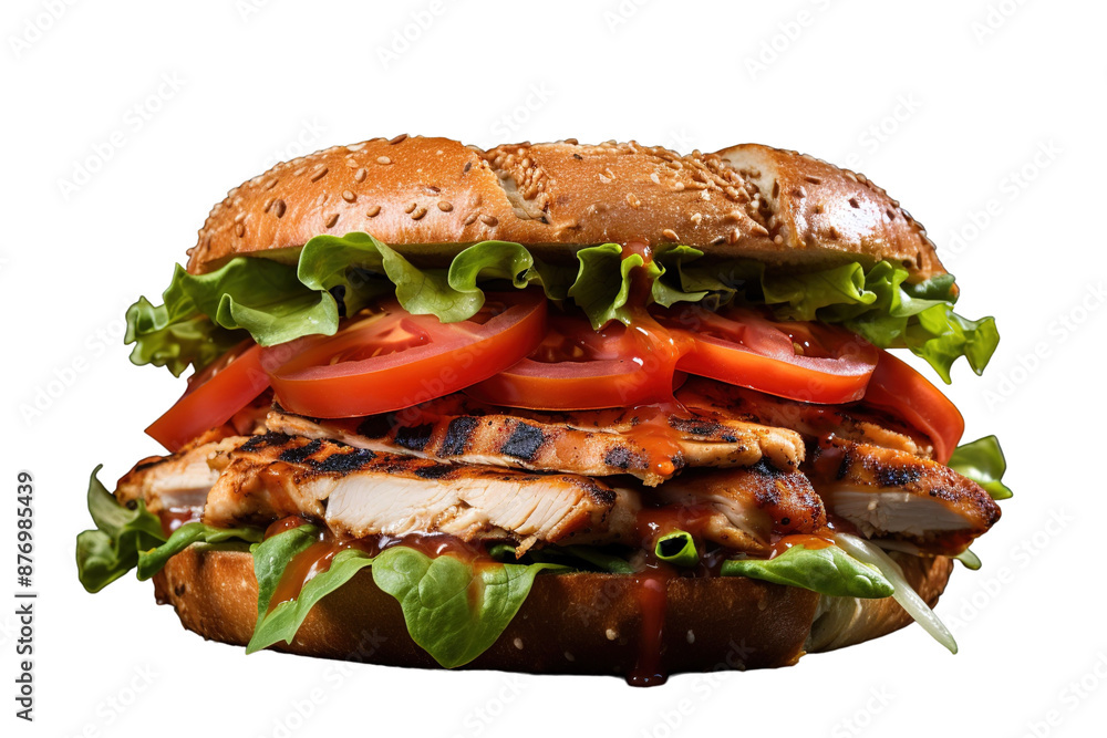 A Sesame Seed Bun Encasing A Delicious Grilled Chicken Sandwich on a White or Clear Surface PNG Transparent Background. A Sesame Seed Bun Encasing A Delicious Grilled Chicken Sandwich on a White or Clear Surface PNG Transparent Background.