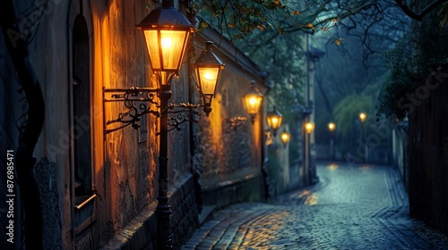 A row of street lamps casting light on a cobblestone alley in an old European city at night.