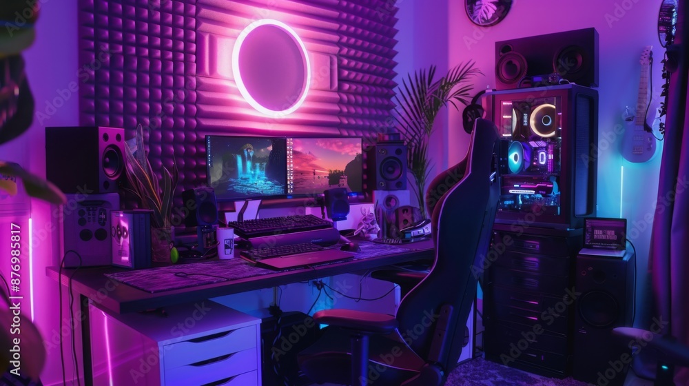 A gaming setup with a desk, a gaming chair, a computer, and two monitors. The room is lit with purple and blue LED lights. A gaming setup with a desk, a gaming chair, a computer, and two monitors. The room is lit with purple and blue LED lights.